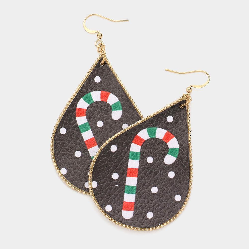 Black Candy Cane Print Faux Leather Teardrop Earrings - Jewelry Store by Erik Rayo