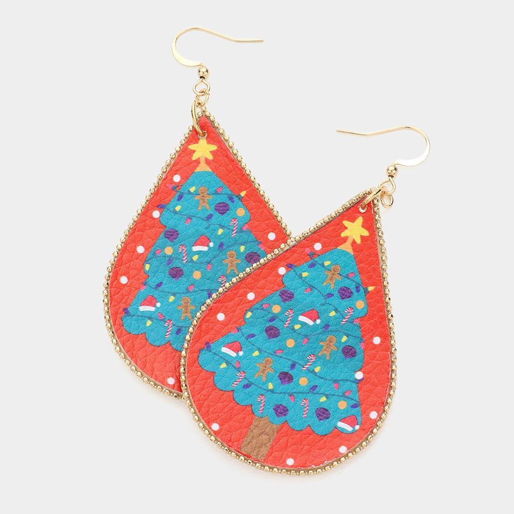 Christmas Tree Print Faux Leather Teardrop Earrings - Jewelry Store by Erik Rayo
