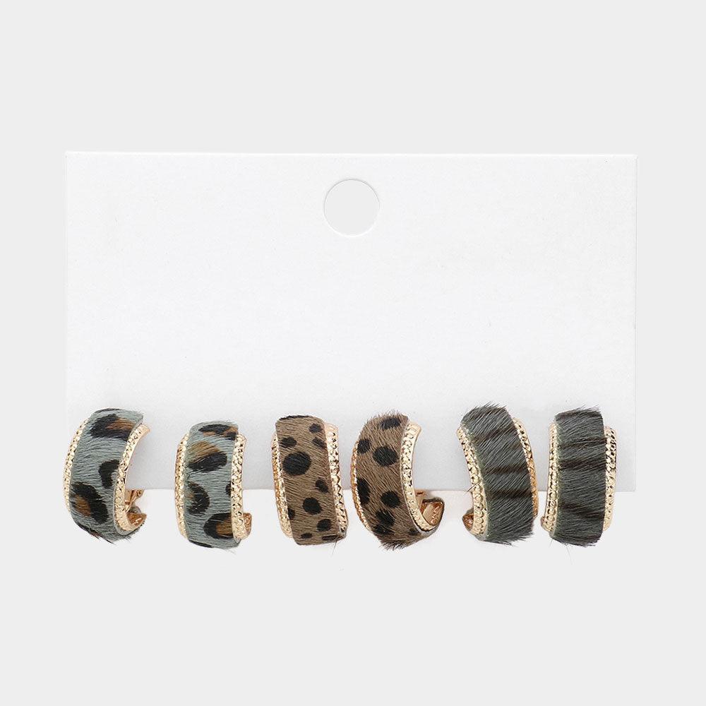 Silver 3Pairs - Animal Pattern Genuine Leather Half Hoop Earrings - Jewelry Store by Erik Rayo