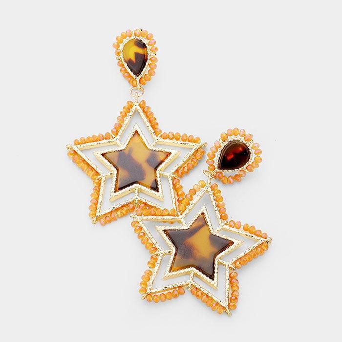 Brown Celluloid Acetate Star Bead Wrapped Dangle Earrings - Jewelry Store by Erik Rayo