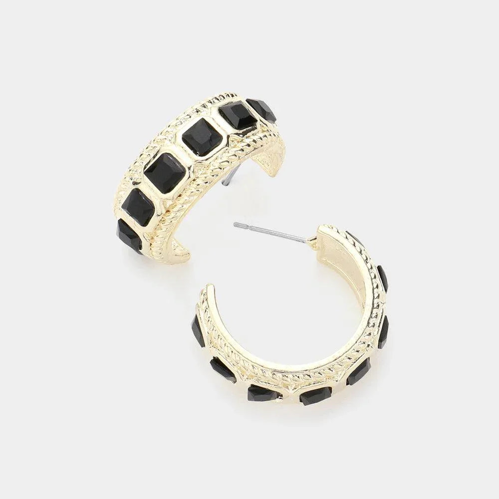 Black 14K Gold Plated Square Natural Stone Accented Hoop Earrings - Jewelry Store by Erik Rayo