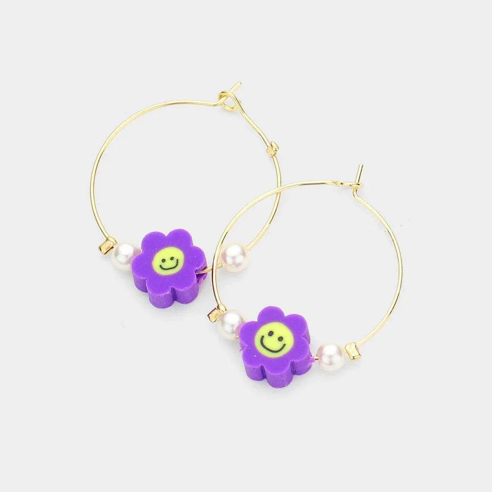 Purple Pearl Smile Flower Accented Metal Hoop Earrings - Jewelry Store by Erik Rayo