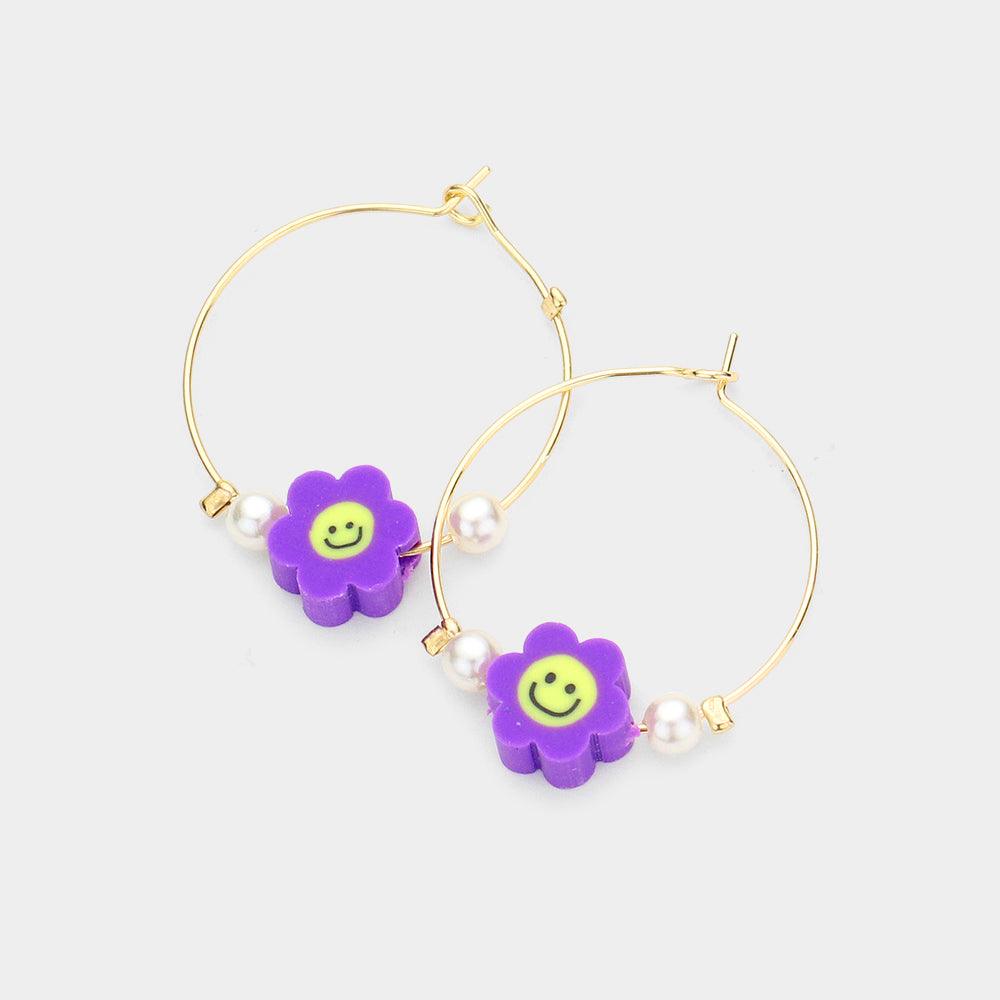 Purple Pearl Smile Flower Accented Metal Hoop Earrings