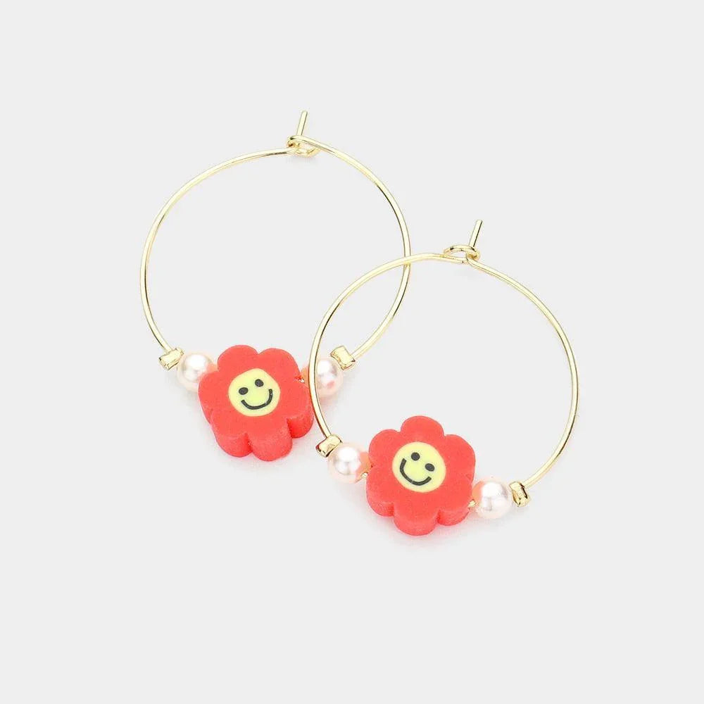 Red Pearl Smile Flower Accented Metal Hoop Earrings - Jewelry Store by Erik Rayo