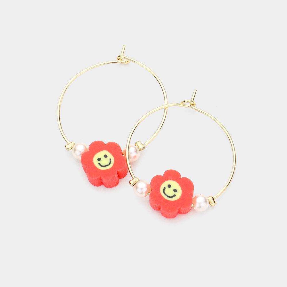 Red Pearl Smile Flower Accented Metal Hoop Earrings