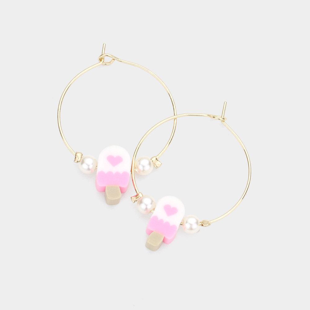 Pink Pearl Popsicle Accented Metal Hoop Earrings