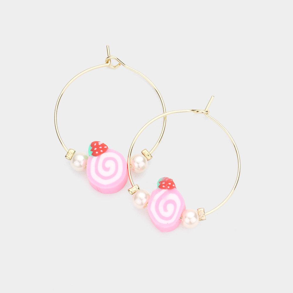 Pink Pearl Strawberry Accented Metal Hoop Earrings