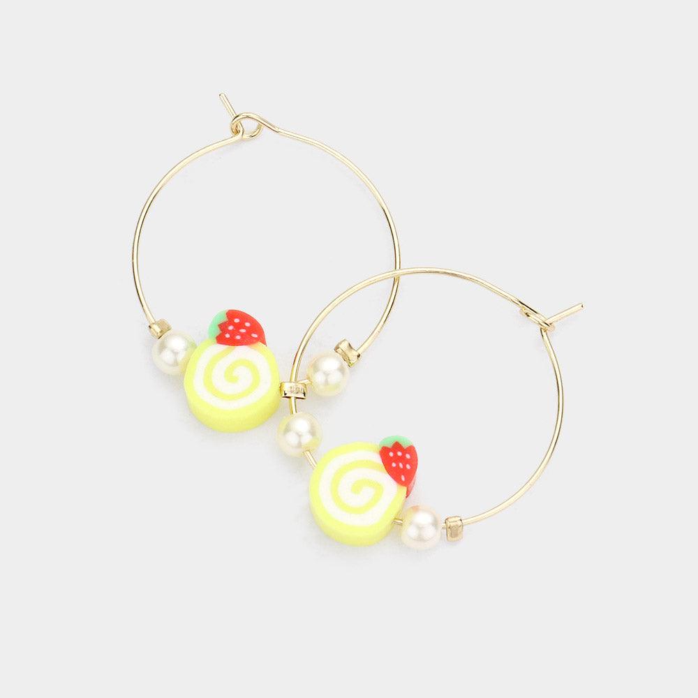 Yellow Pearl Strawberry Accented Metal Hoop Earrings