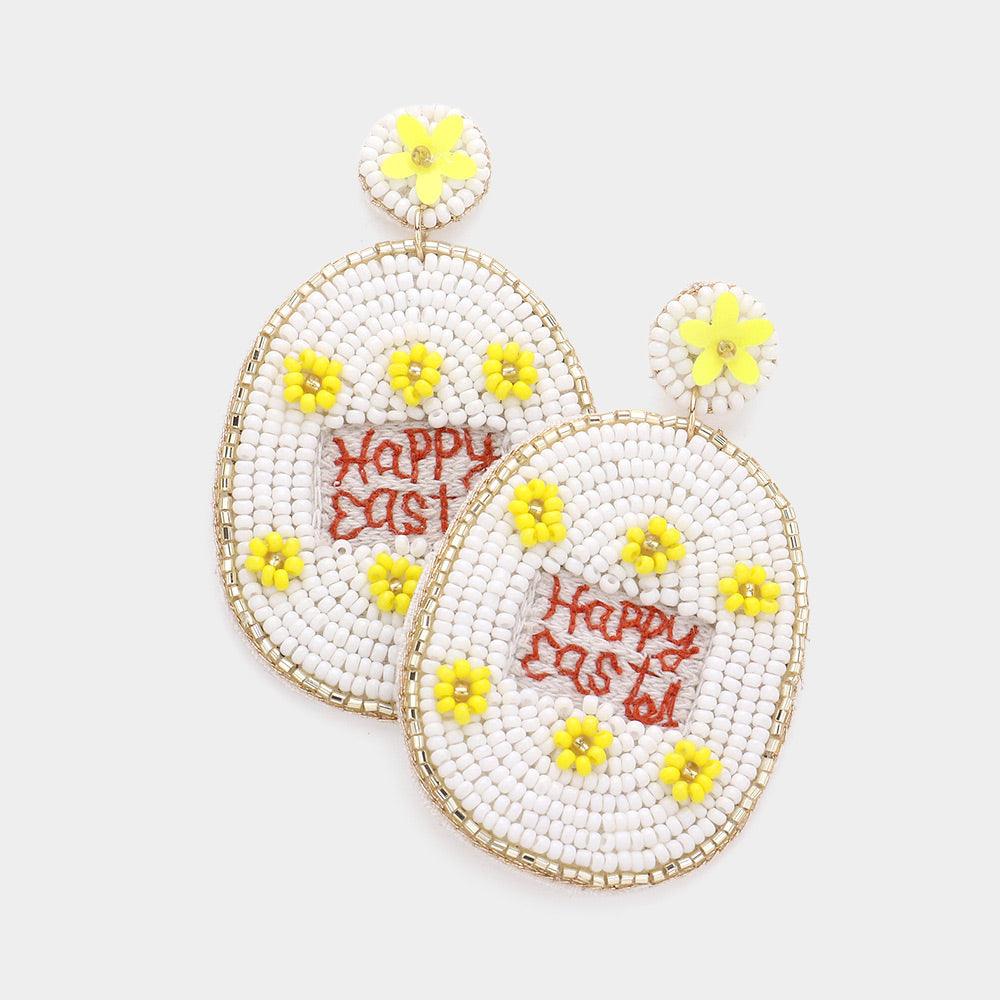 Yellow Happy Easter Message Felt Back Seed Beaded Egg Dangle Earrings