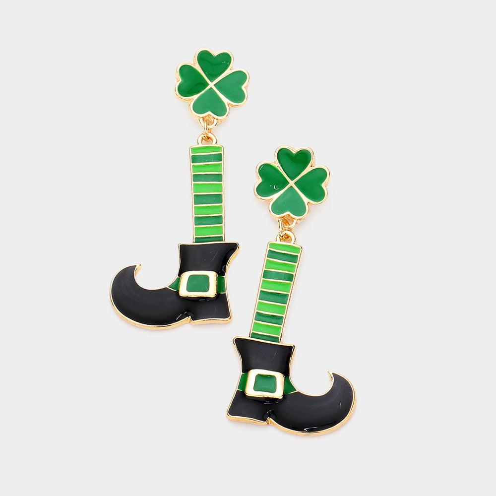 Green St. Patrick's Day Enamel Metal Clover Shoes Dangle Earrings