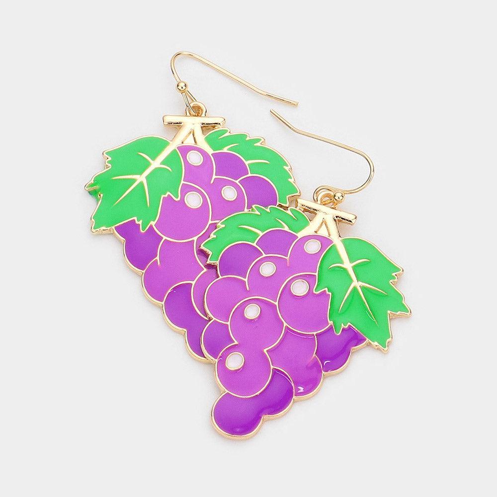 Purple Enamel Metal Grape Dangle Earrings
