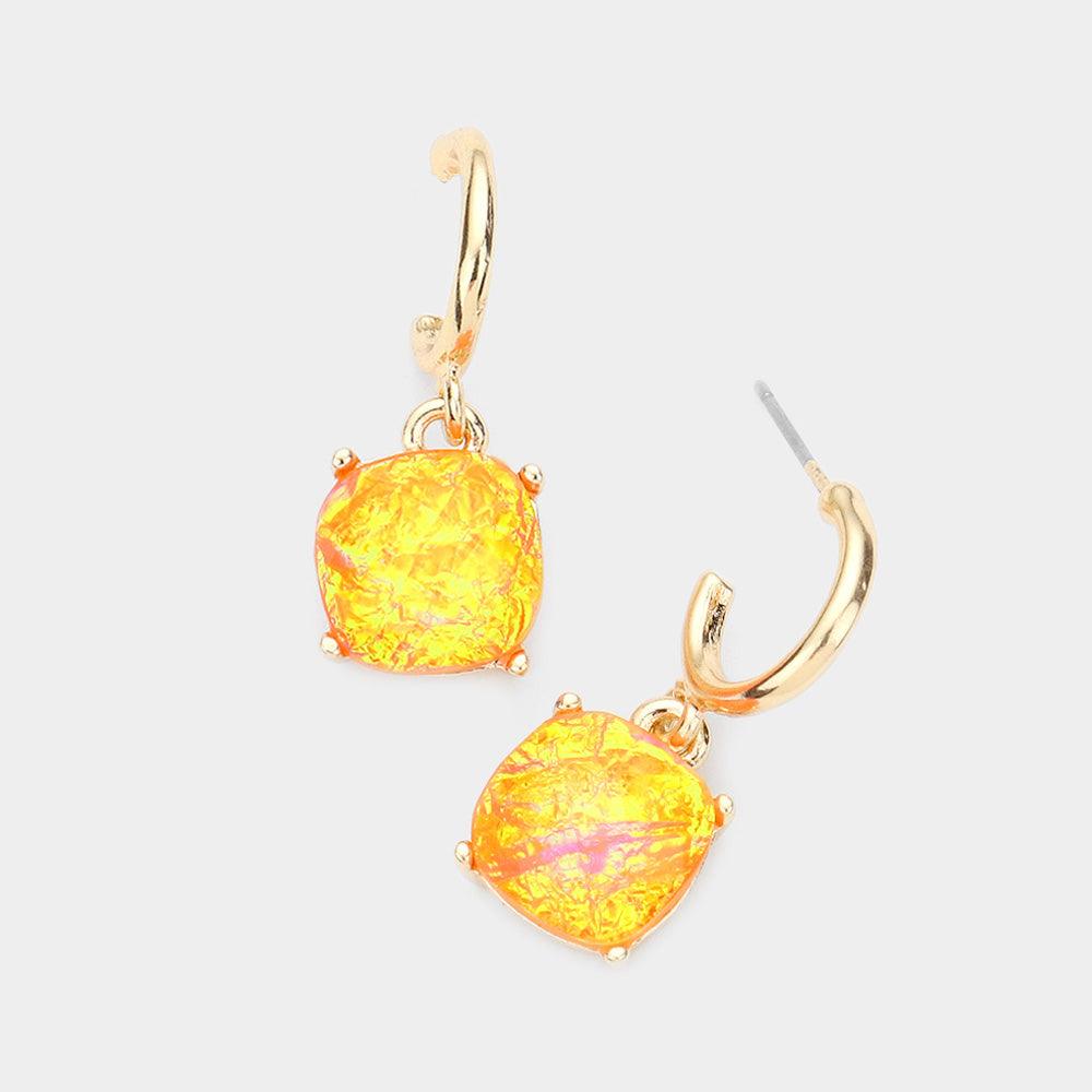 Orange Metal Half Hoop Square Bead Link Dangle Earrings