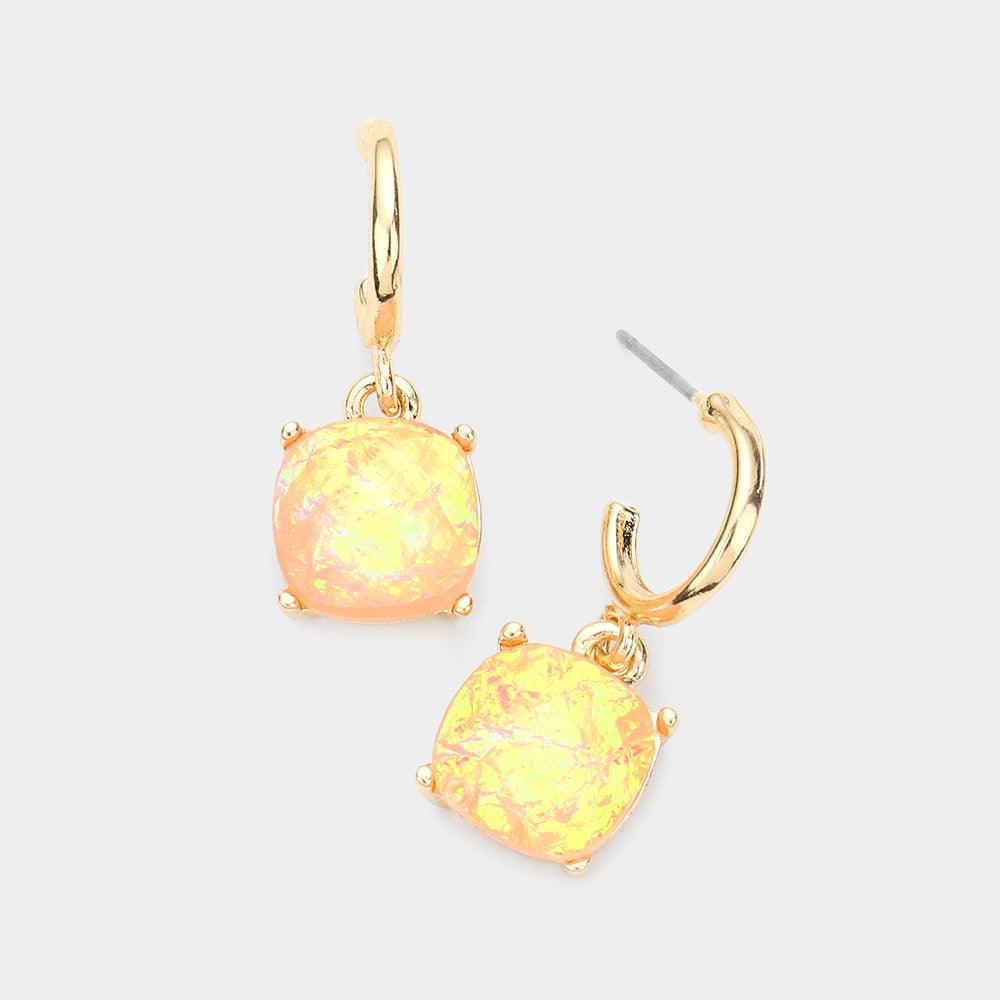 Peach Metal Half Hoop Square Bead Link Dangle Earrings