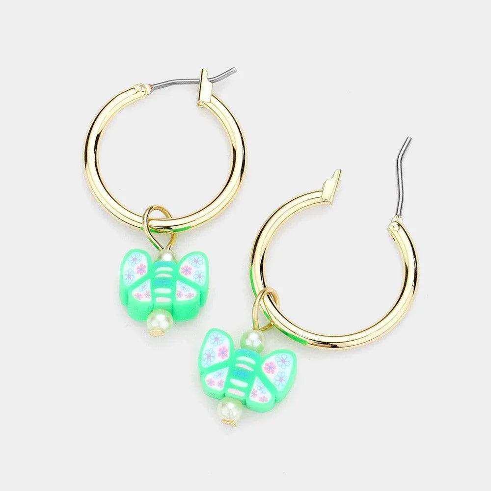 Green Pearl Butterfly Dangle Metal Hoop Pin Catch Earrings - Jewelry Store by Erik Rayo