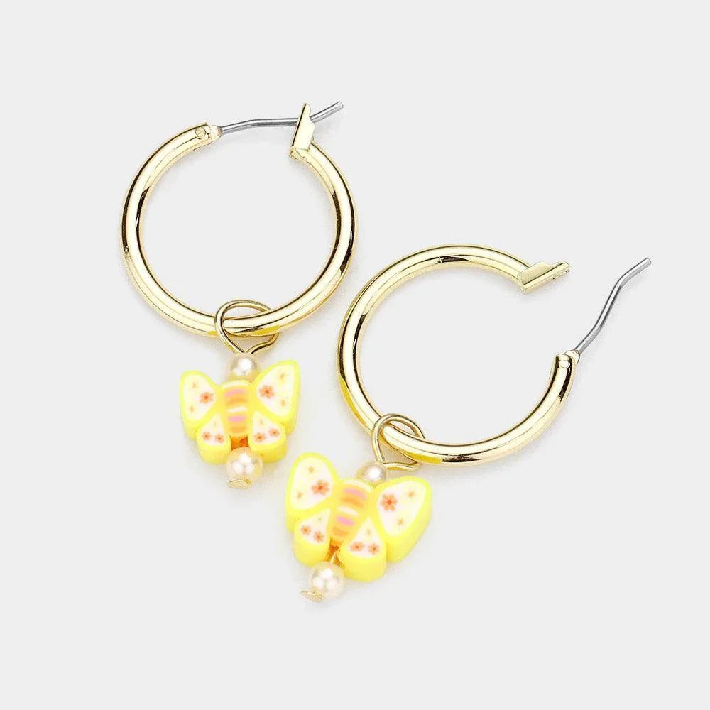 Yellow Pearl Butterfly Dangle Metal Hoop Pin Catch Earrings - Jewelry Store by Erik Rayo
