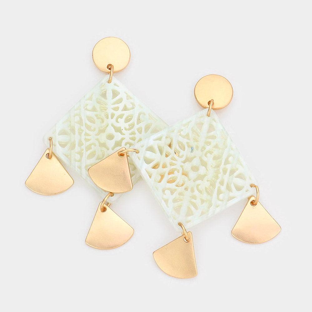 White Filigree Celluloid Acetate Square Accented Dangle Earrings