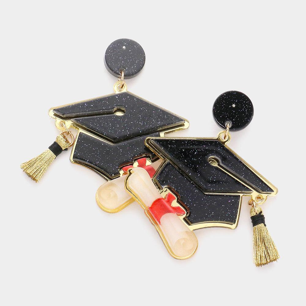 Black Glittered Resin Graduation Cap Dangle Earrings - Jewelry Store by Erik Rayo