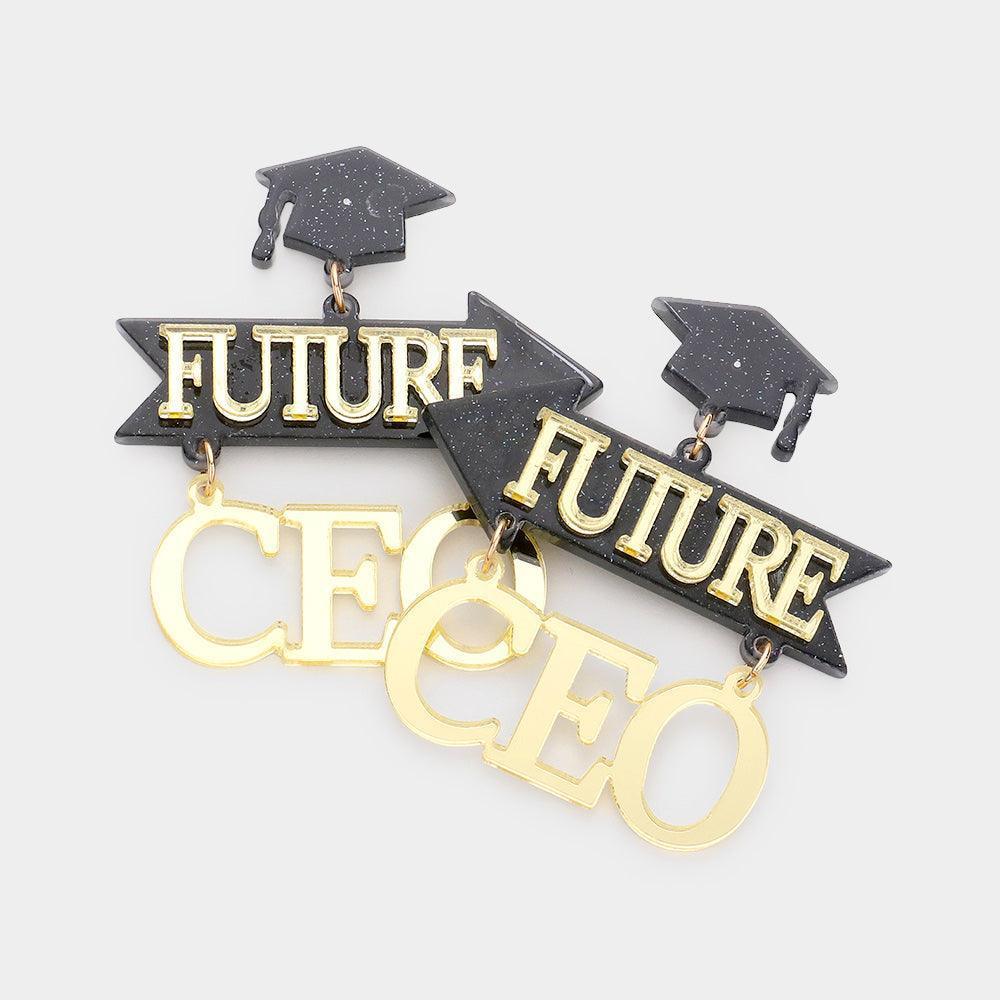 Black Resin Graduation Cap Future CEO Message Link Dangle Earrings - Jewelry Store by Erik Rayo
