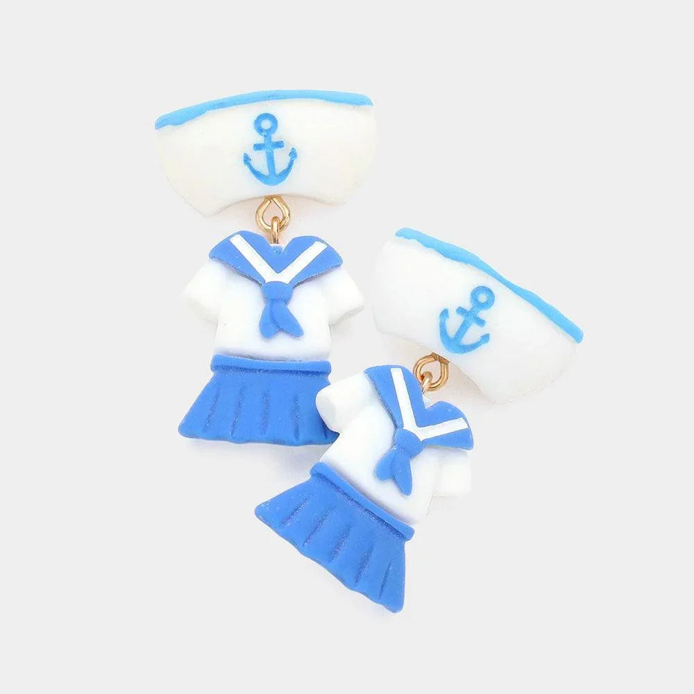 Blue Polymer Clay Anchor Detail Hat Clothes Link Dangle Earrings - Jewelry Store by Erik Rayo