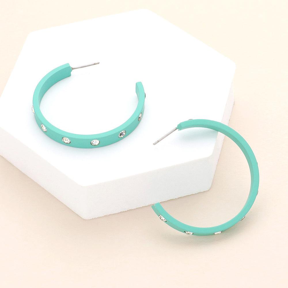 Mint Stone Embellished Hoop Earrings