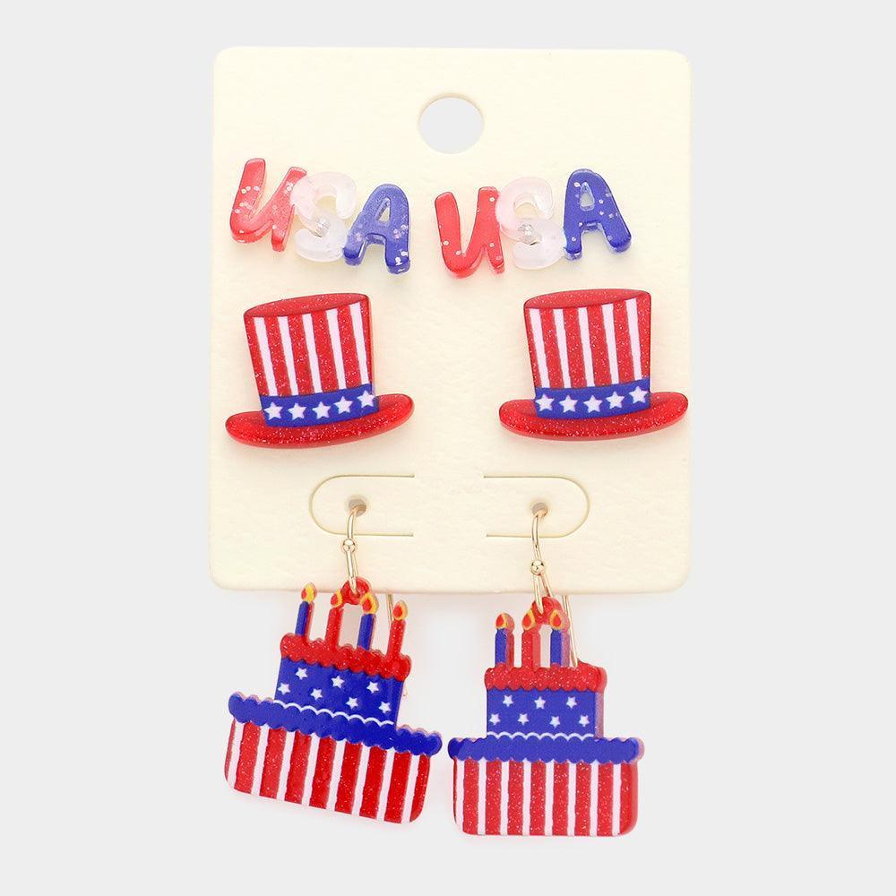 3Pairs - American USA Flag Message Hat Cake Earrings - Jewelry Store by Erik Rayo
