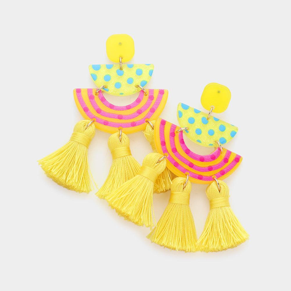 Yellow Polka Dot Patterned Resin Triple Tassel Link Dangle Earrings