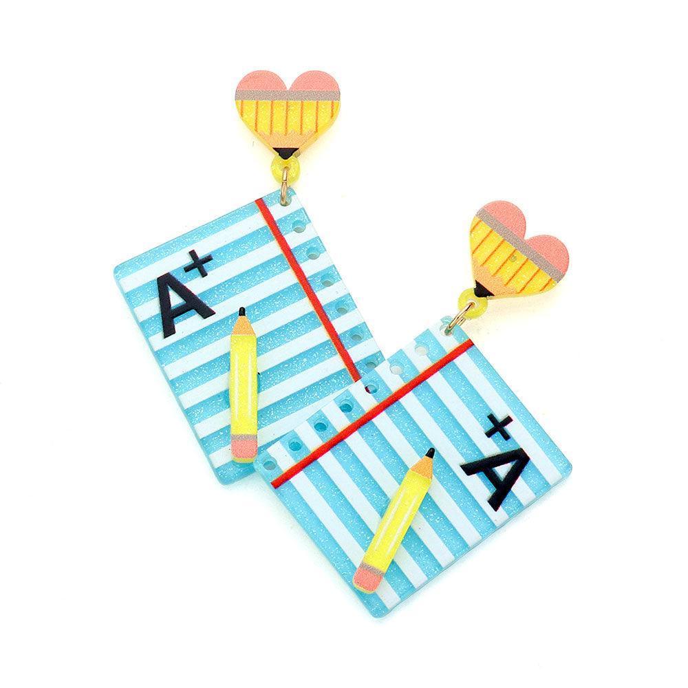 Blue Heart Glittered Resin A+ Notebook Link Dangle Earrings - Jewelry Store by Erik Rayo