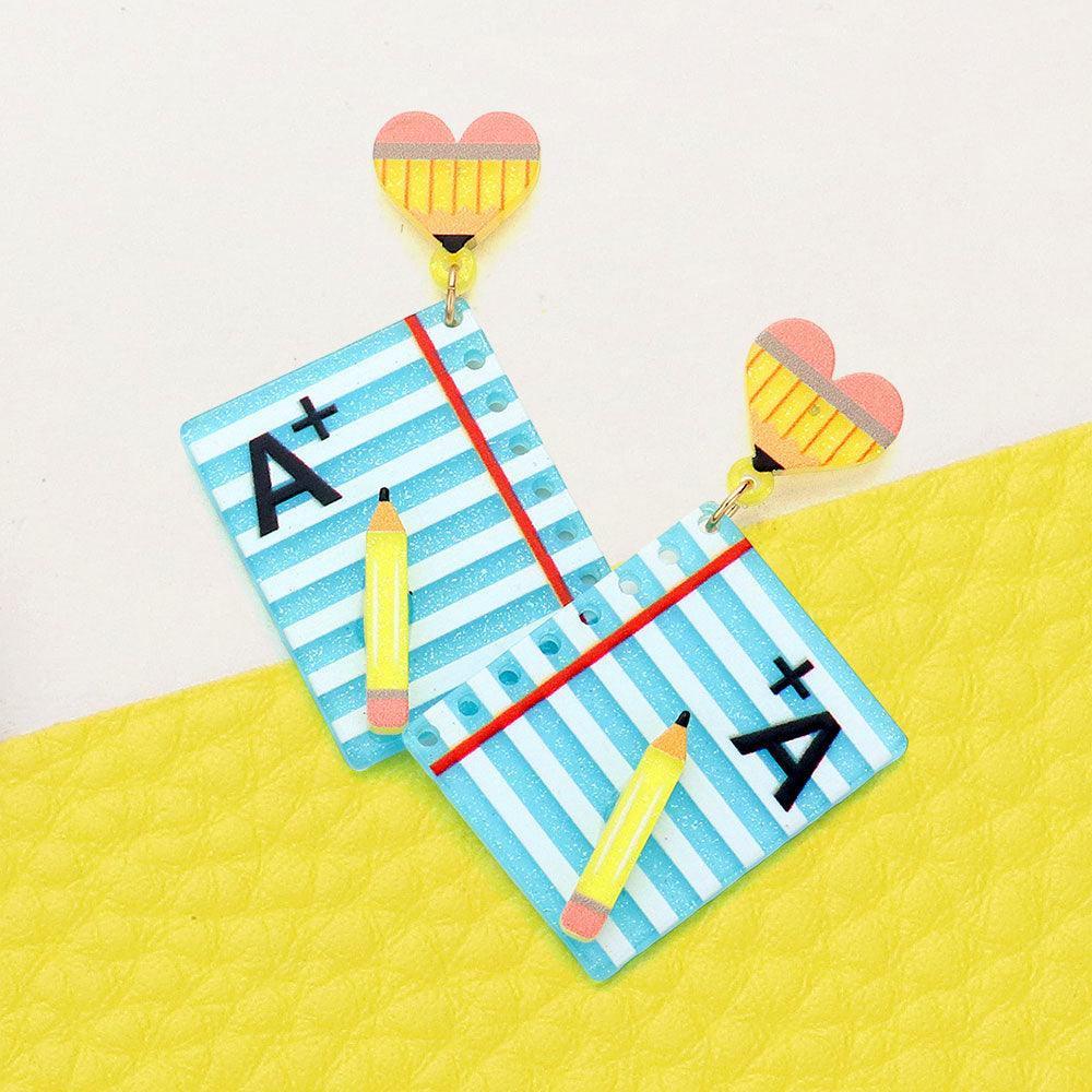 Blue Heart Glittered Resin A+ Notebook Link Dangle Earrings - Jewelry Store by Erik Rayo