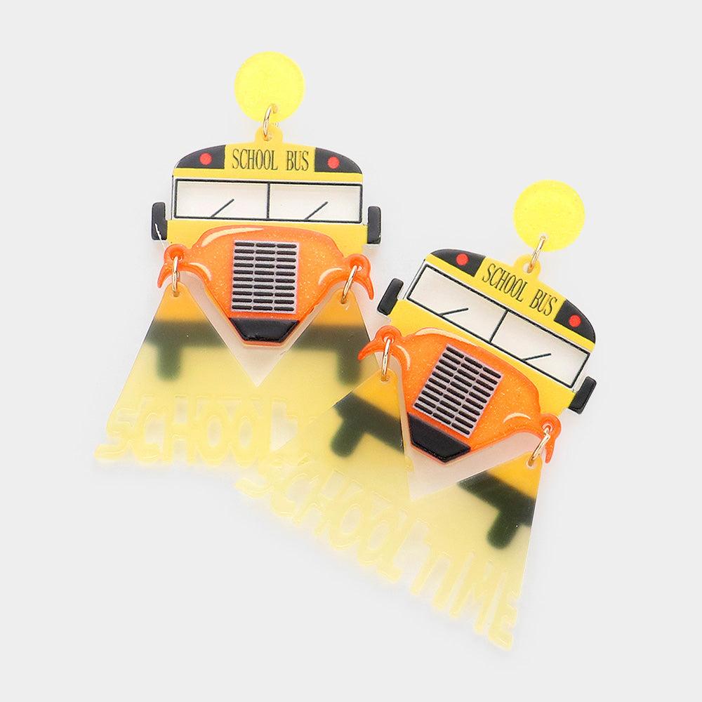 Yellow School Time Message Glittered Resin Bus Dangle Earrings