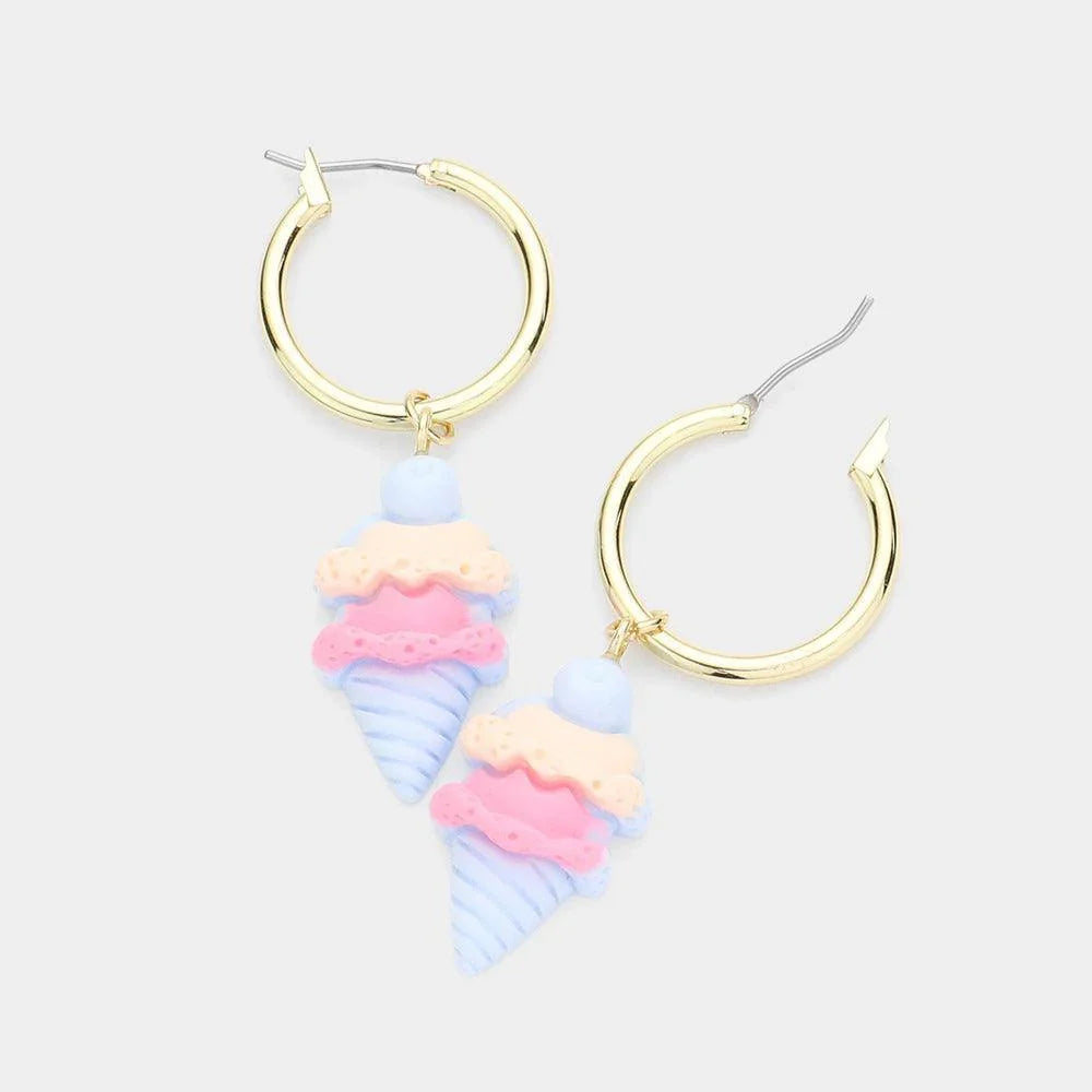 Blue Metal Hoop Ice Cream Dangle Pin Catch Earrings - Jewelry Store by Erik Rayo