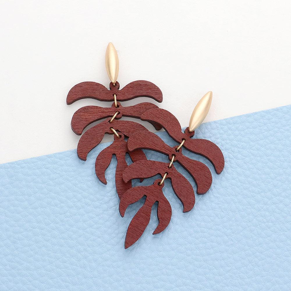 Burgundy Wood Leaf Dangle Earrings - Jewelry Store by Erik Rayo