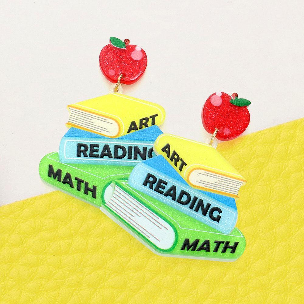 Art Reading Math Message Glittered Resin Apple Books Link Dangle Earrings - Jewelry Store by Erik Rayo