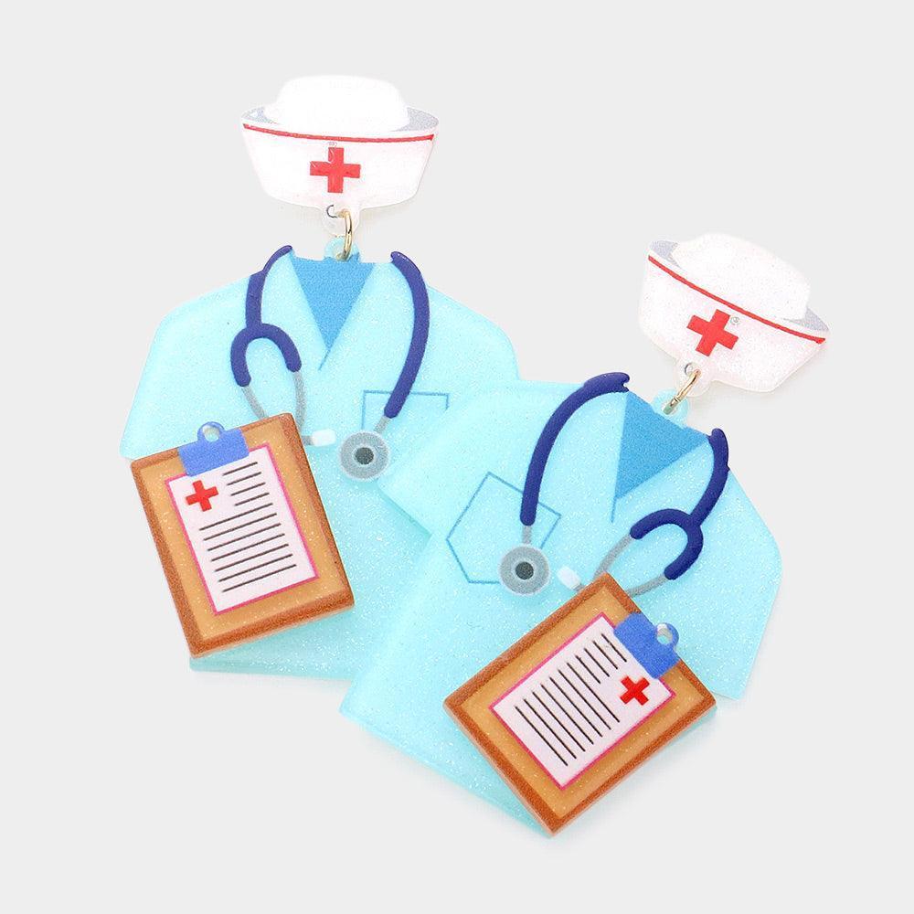 Blue Nurse Doctor Glittered Resin Chart Stethoscope Pointed Uniform Dangle Earrings - Jewelry Store by Erik Rayo