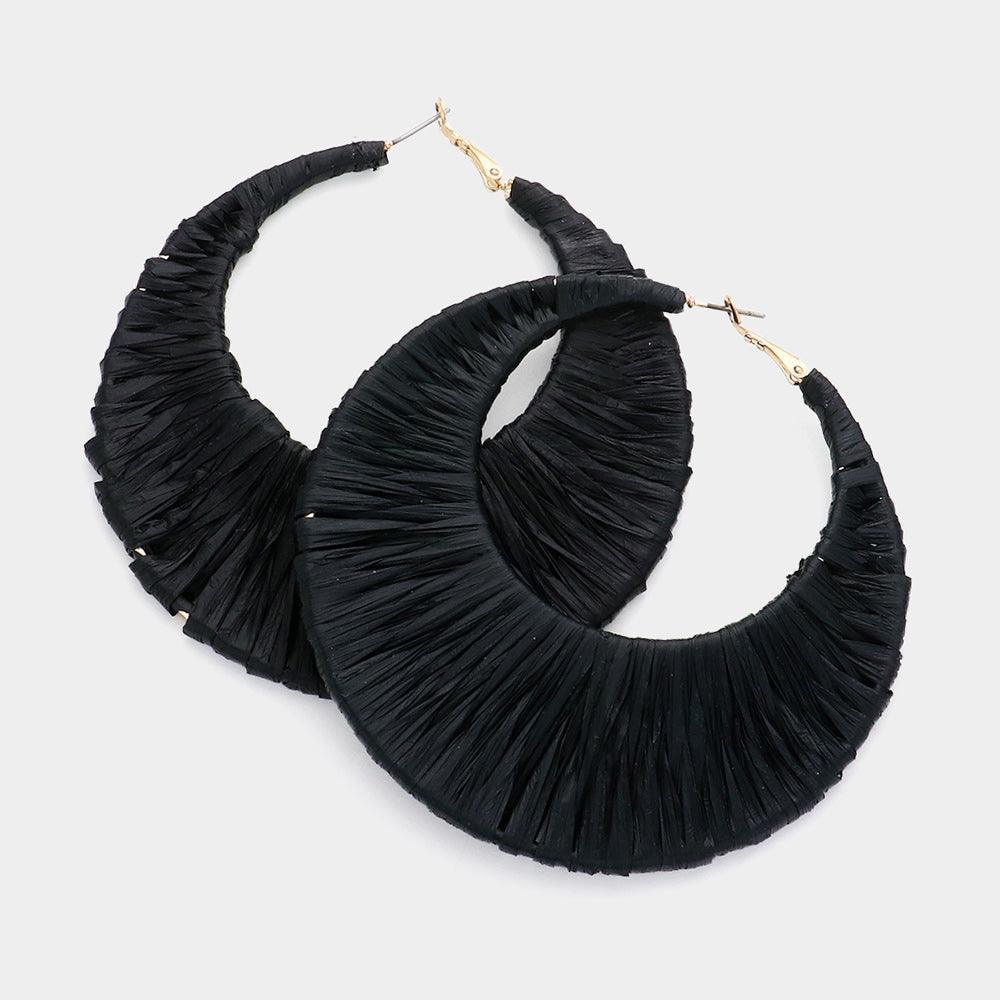 Black Oversized Raffia Wrapped Hoop Earrings - Jewelry Store by Erik Rayo