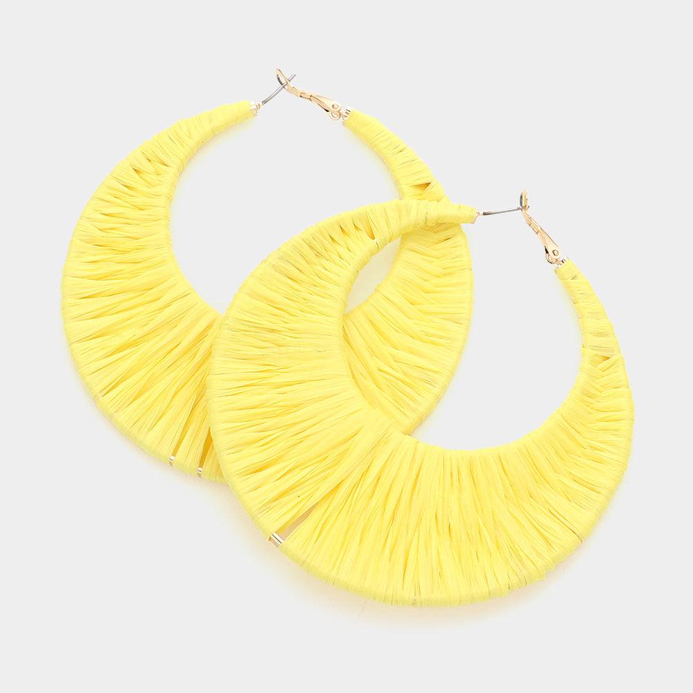 Yellow Oversized Raffia Wrapped Hoop Earrings