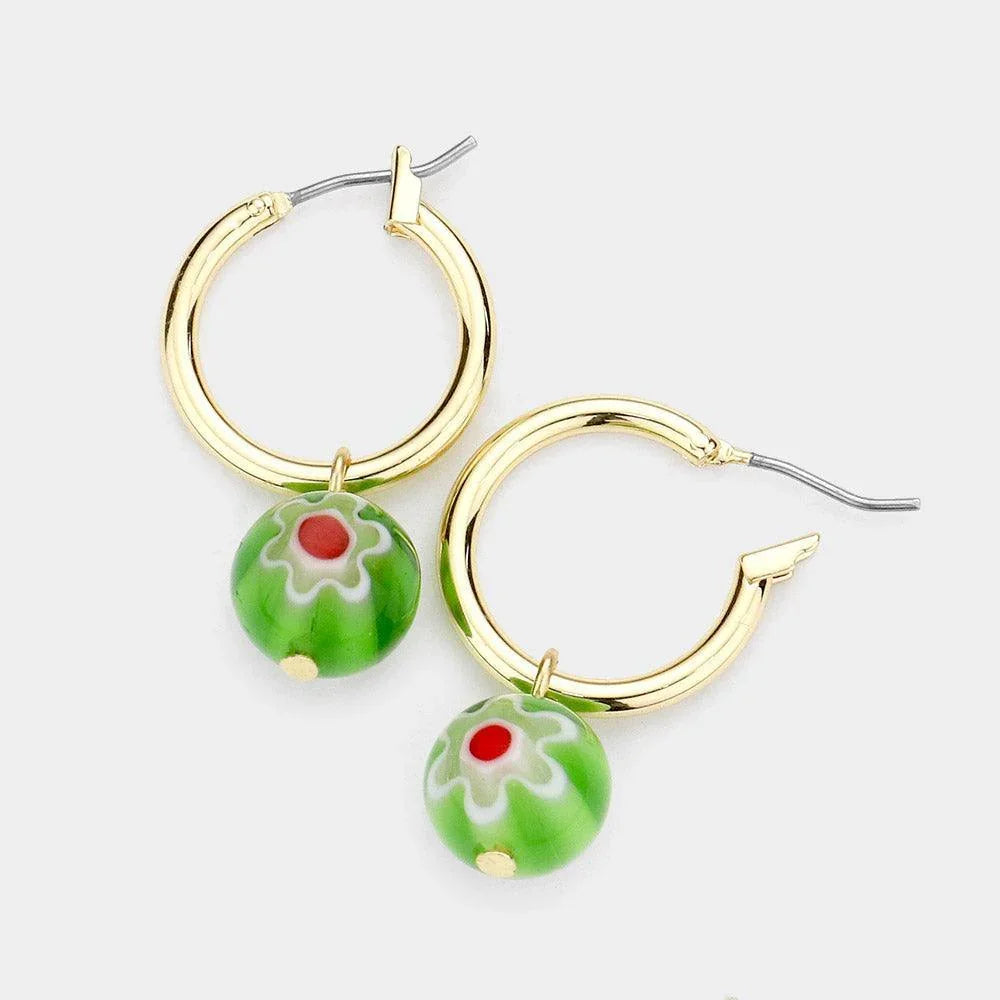 Green Patterned Ball Dangle Metal Hoop Pin Catch Earrings - Jewelry Store by Erik Rayo