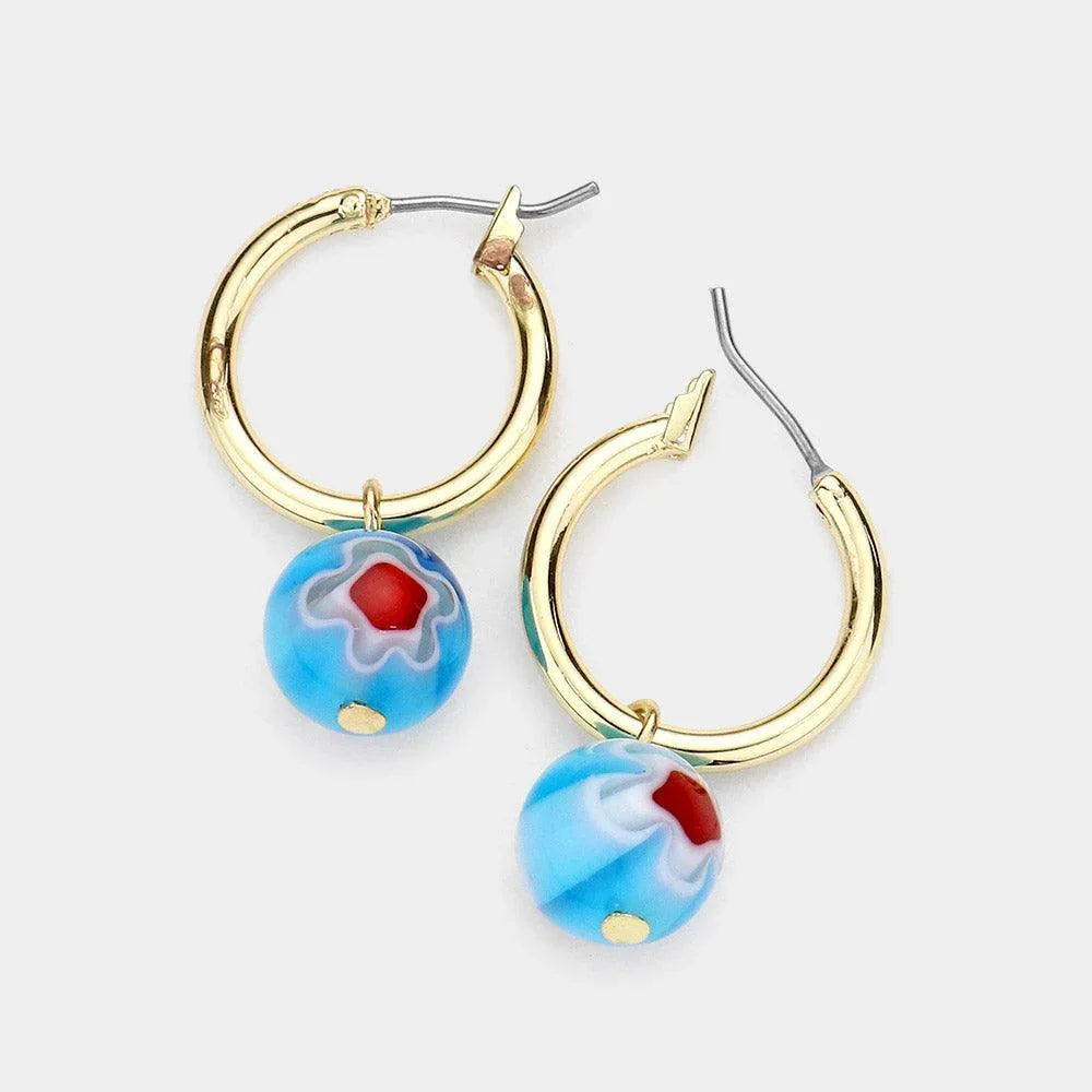 Turquoise Patterned Ball Dangle Metal Hoop Pin Catch Earrings - Jewelry Store by Erik Rayo