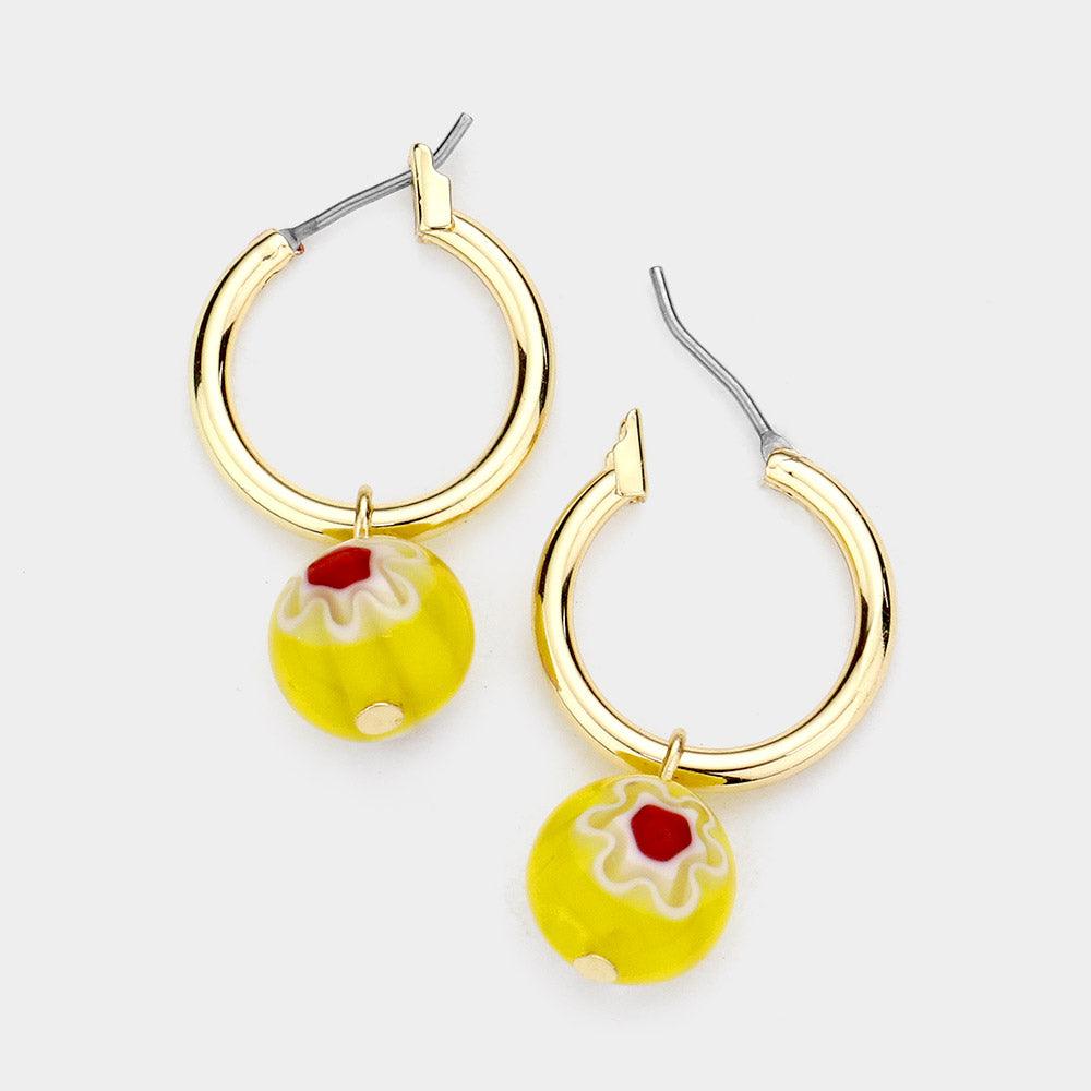 Yellow Patterned Ball Dangle Metal Hoop Pin Catch Earrings