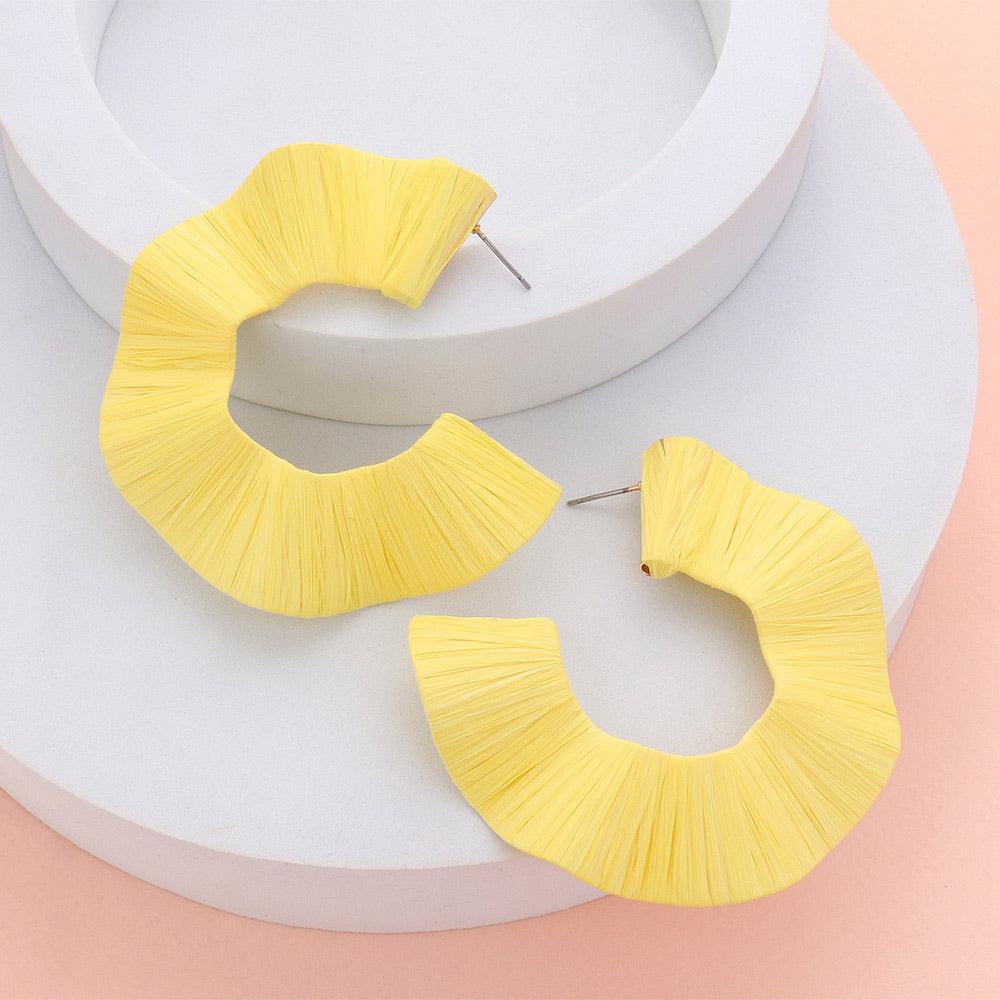 Yellow Raffia Wrap Chunky Wavy Hoop Earrings