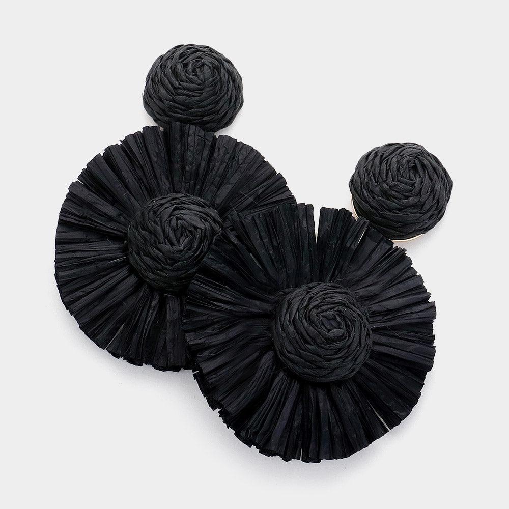 Black Raffia Flower Dangle Earrings - Jewelry Store by Erik Rayo