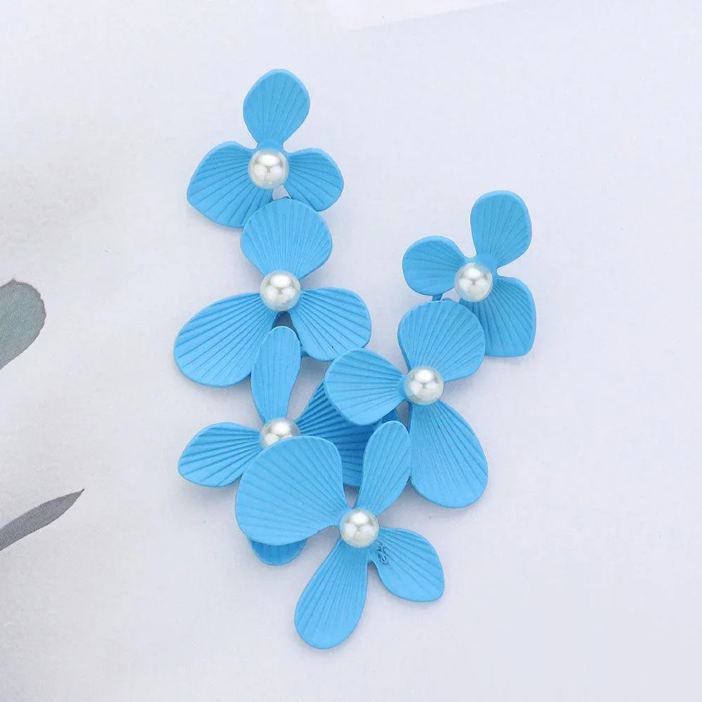 Blue Matte Triple Flower Dropdown Earrings - Jewelry Store by Erik Rayo