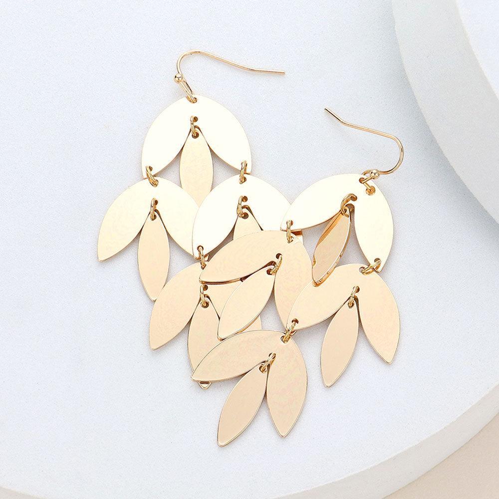 Gold Metal Leaf Chandelier Dangle Earrings