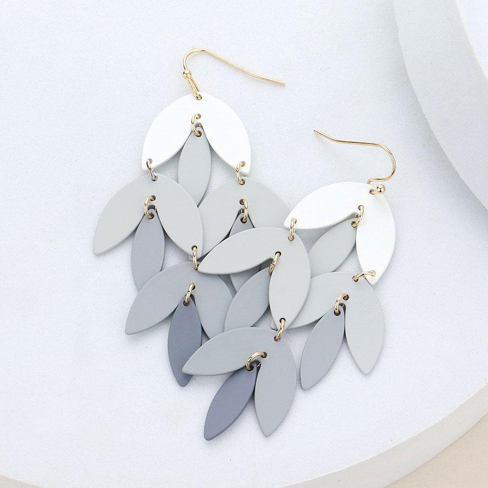 Silver Metal Leaf Chandelier Dangle Earrings