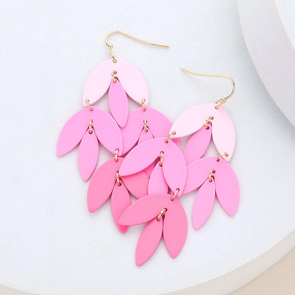 Pink Metal Leaf Chandelier Dangle Earrings