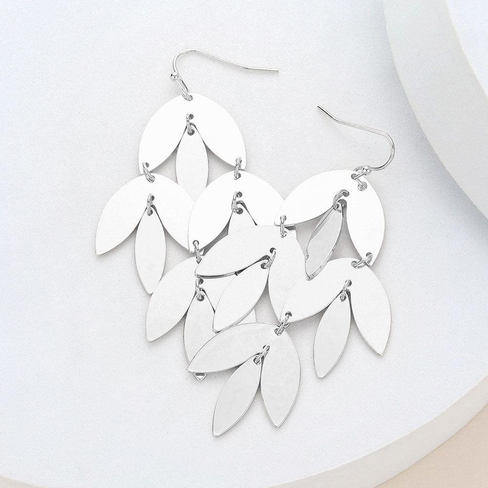 Silver Metal Leaf Chandelier Dangle Earrings