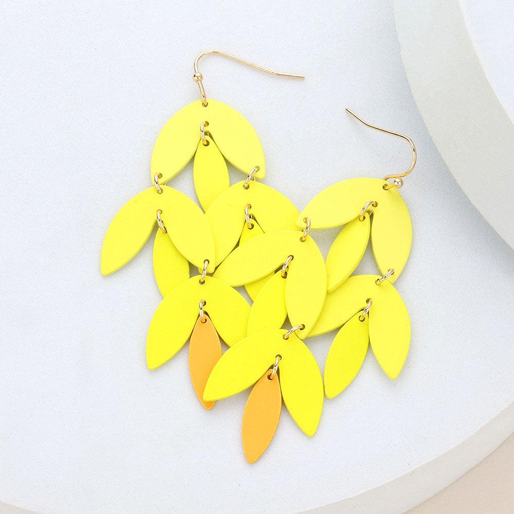 Yellow Metal Leaf Chandelier Dangle Earrings