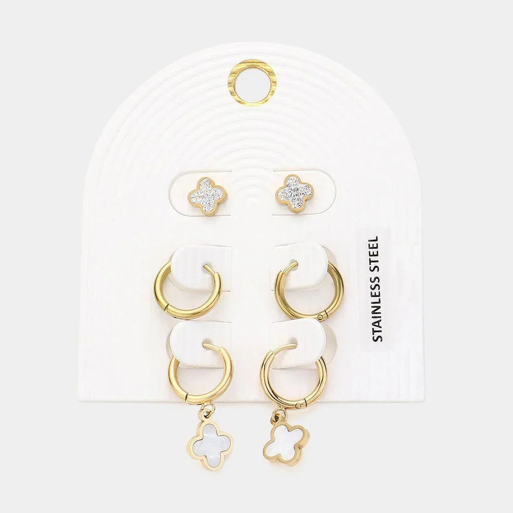 Cream 3PAIRS - Stainless Steel Quatrefoil Earrings - Jewelry Store by Erik Rayo