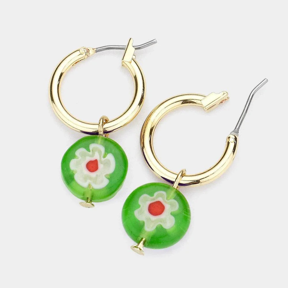 Green Patterned Round Dangle Metal Hoop Pin Catch Earrings - Jewelry Store by Erik Rayo