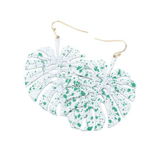 Load image into Gallery viewer, White Splash Dotted Tropical Leaf Dangle Earrings
