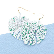 Load image into Gallery viewer, White Splash Dotted Tropical Leaf Dangle Earrings
